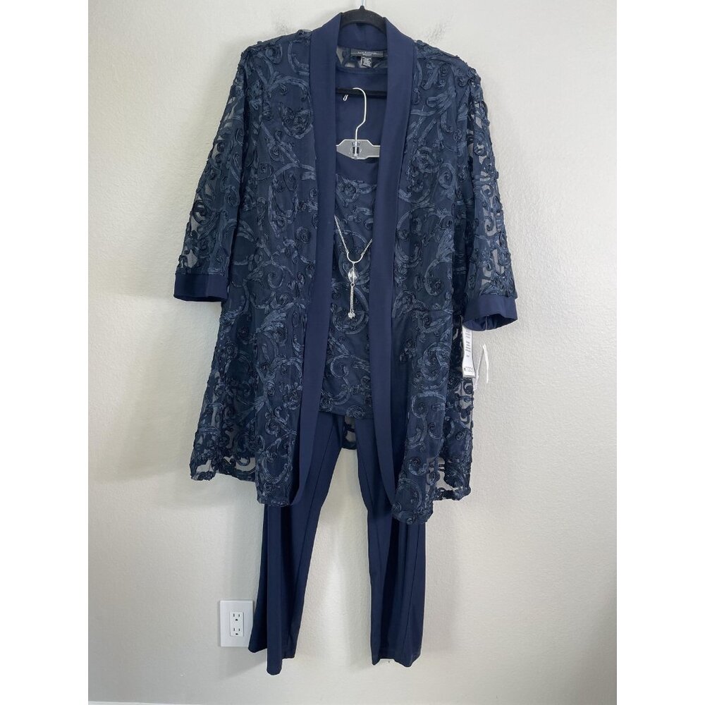 NEW R&M Richards Pantsuit Womens 22W Navy 3 Piece Lace Jacket Tank Pants Formal
